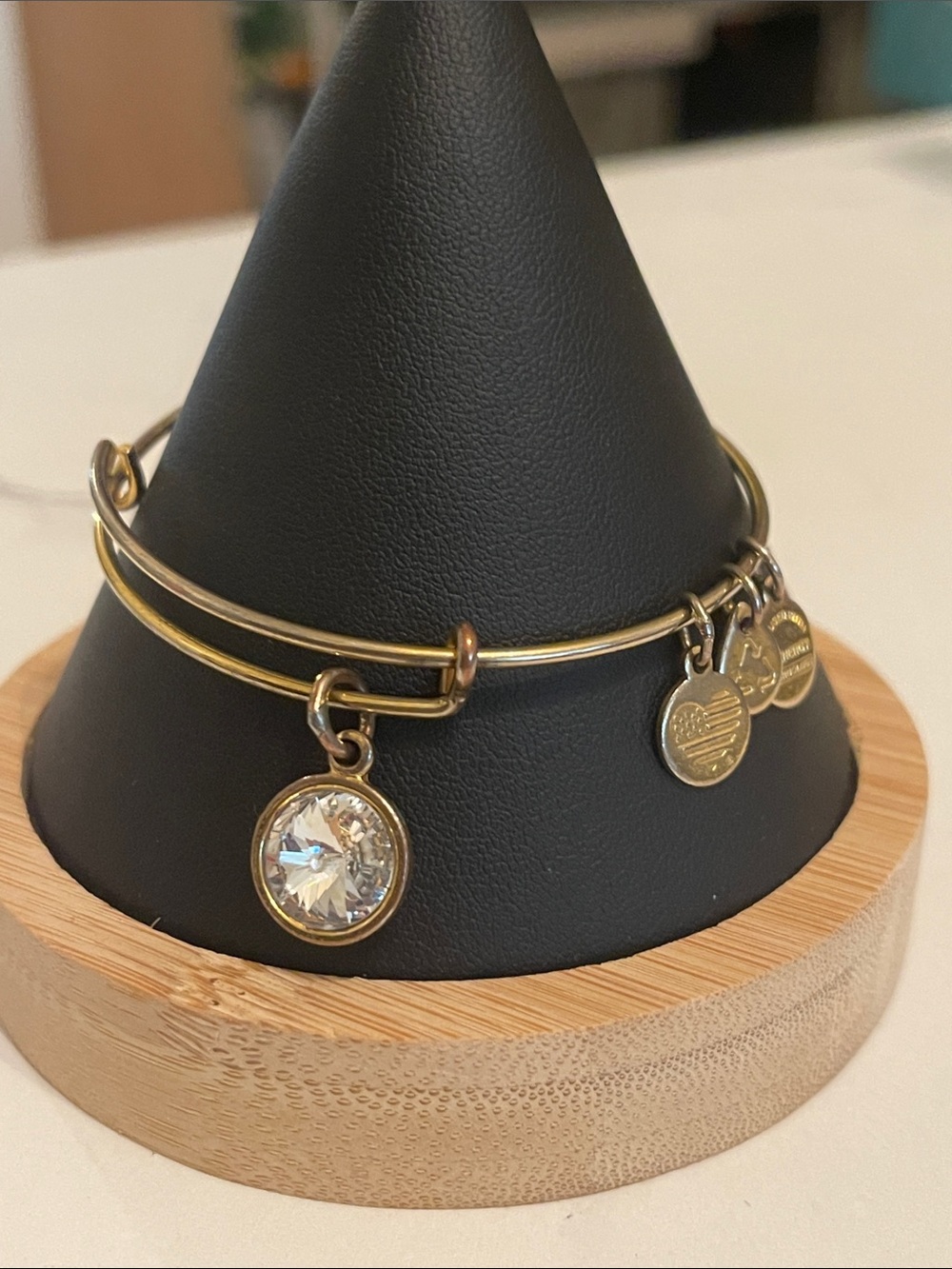 Alex and Ani Gold Toned Bangle Bracelet with Clear Crystal Charm